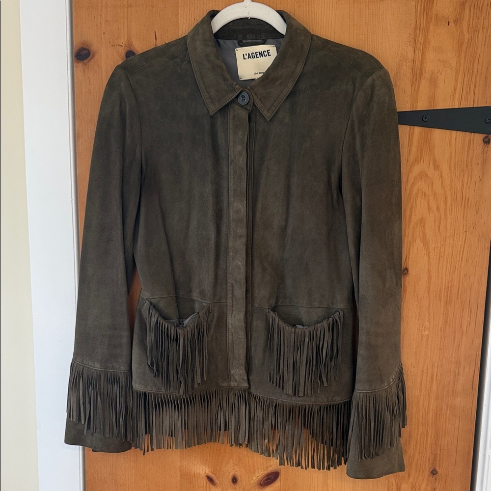 L'AGENCE Olive Suede Fringe Jacket- fits xs/s- made in turkey- not faux suede